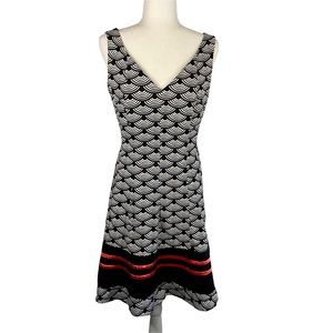 9 West Sleeveless Fit & Flare Dress Black White Print Pink Ribbon Trim Size 14